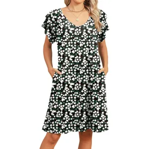 Women's elegant V-neck floral print dress with double ruffle sleeves and side pockets, black