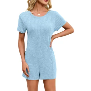 Casual light blue ribbed short sleeve romper for women with pockets and loose summer fit