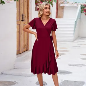 Elegent burgundy V-neck wrap dress with flutter sleeves and feminine ruffle hem details