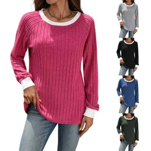 Top da Donna Casual in Maglia a Costine Colore a Contrasto Manica Lunga Pullover in Viscosa Poliestere Maglietta in Tinta Unita
