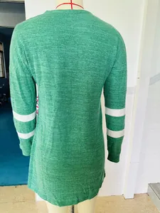 Back view of a green knitted cardigan with white stripes on the sleeves