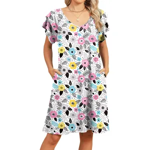 Floral V-neck dress with double ruffle sleeves and pockets, casual summer style.