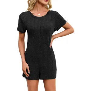 Women's summer short sleeve ribbed knit romper with pockets and loose fit beach style