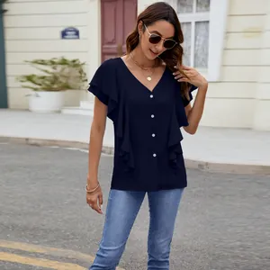 Elegant navy blue ruffled sleeve blouse with V-neck and button-down detail for women