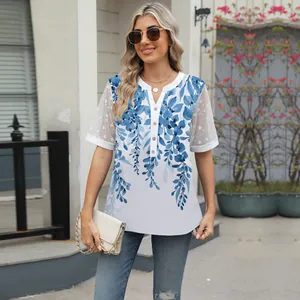 V-neck chiffon blouse featuring elegant blue floral print and mesh lace sleeves