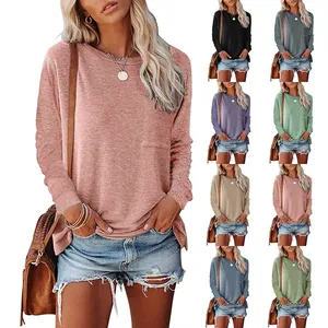 Dames Casual Lange Mouw T-Shirt Ronde Hals Zak Zijsplit Losse Tuniek Top Rayon Polyester Effen Zachte Kleding
