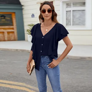 Elegant navy blue ruffled sleeve blouse with button-down front and V-neckline