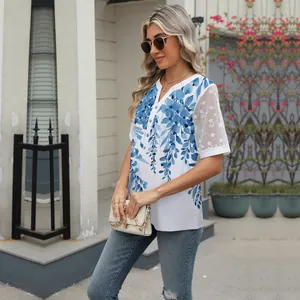 Charming V-neck floral print chiffon blouse with elegant white lace patchwork sleeves