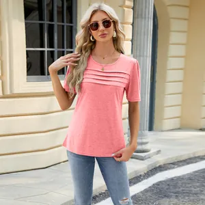 Stylish casual pink U-neck short sleeve t-shirt with front pleated details for women