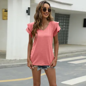 Women's V-neck t-shirt with double-layered ruffle sleeves in coral pink, relaxed fit