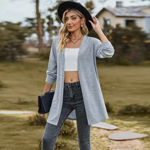 Long sleeve grey color block open front knitted cardigan sweater for women's fall