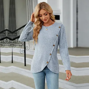Detailed view of women's ribbed knit t-shirt featuring a unique tulip hem and buttons