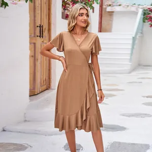 Brown short-sleeved V-neck wrap dress with feminine ruffled hem and tie waist.