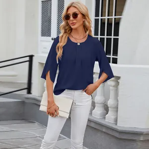 Elegant navy blue round neck chiffon blouse with slit half sleeves detail