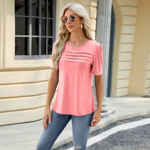 Elegant pink pleated short sleeve T-shirt for women in casual outdoor setting