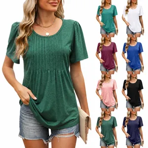 Maglietta da Donna con Pintuck Plissettata Girocollo Manica Corta Vestibilità Comoda Tinta Unita Cotone Poliestere Top