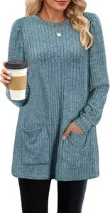 Casual loose women's long sleeve ribbed top featuring front pockets and puff sleeves