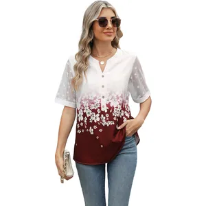 Elegant V-neck floral print chiffon blouse with delicate lace sleeves and gradient red design