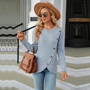 Elegant blue ribbed long-sleeved t-shirt with unique tulip hem and side buttons