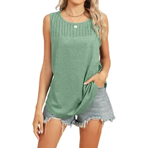 Women's casual sleeveless round neck tank top with front pleated details in green