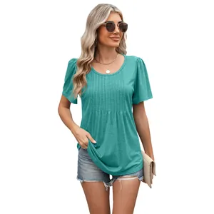 T-shirt estiva casual da donna color verde petrolio con scollo rotondo e pieghe frontali