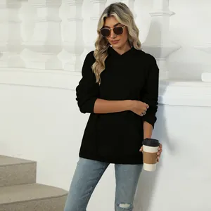 A stylish casual black women's hoodie featuring a front pocket and hood details