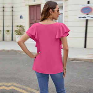 Detailed back view of magenta flutter sleeve blouse for women elegant summer casual top