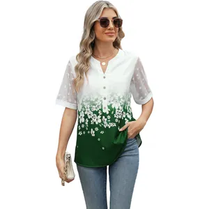 Elegant V-neck floral chiffon blouse with lace patchwork sleeves in gradient green