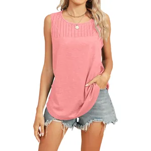Casual pink round neck sleeveless tank top with pleated detail for women's summer fashion