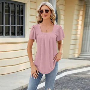 Detailed view of pink pleated eyelet square neck short sleeve t-shirt for women
