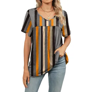 Camiseta holgada con cuello en V para mujer con estampados geométricos naranja y negro