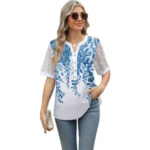 Elegant women's V-neck floral chiffon top with stylish lace mesh sleeves for spring 2025