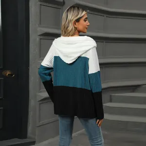 Detaillierte Rückansicht des Strickpullovers mit Kapuze in Weiß, Türkis und Schwarz