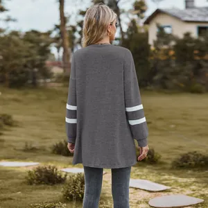 Back view of a casual gray long sleeve sweatshirt with white striped sleeve details.