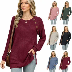 Dames Casual Lange Mouwen Geribbelde Gebreide T-Shirt Ronde Hals Raglanmouw Knoop Decoratie Zijsplit Herfst Losse Top