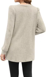 Back view of a casual loose women's oatmeal ribbed tunic with puff sleeves