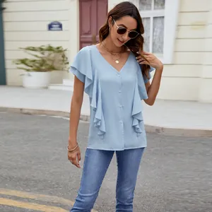 Elegant light blue V-neck blouse featuring ruffled butterfly sleeves and front button closure