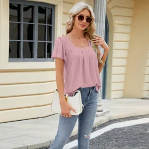 Elegant pink eyelet jacquard short sleeve top with square neck and pleated detail for women