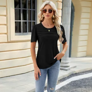 Front view of a stylish women's black short-sleeve t-shirt with elegant chest pleats
