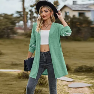Casual mint green long-sleeved open front knit cardigan featuring white contrast stripes.