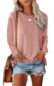 Casual dames t-shirt met lange mouwen, ronde hals, voorzak en zijsplitten voor dames