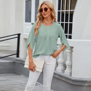 Sage green round neck chiffon blouse with split five-point sleeves for a breezy look.