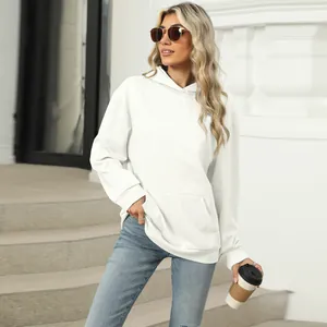Casual white solid color hooded sweatshirt for women with kangaroo pocket details