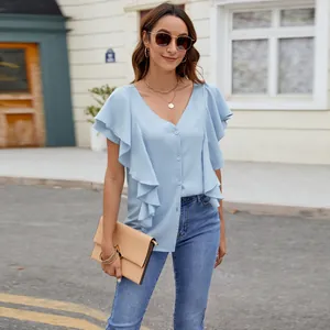 Stylish sky blue V-neck blouse featuring tiered ruffle sleeves and button-down front