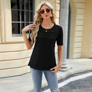 Detailed shot of women's black T-shirt featuring elegant horizontal pleats on the chest.