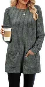 Women's green ribbed top with pockets and puff sleeve detail