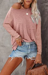 Dames casual losvallend T-shirt met lange mouwen en zak in oudroze kleur voor herfst