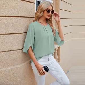 Fashionable mint green round neck chiffon blouse with elegant slit five-quarter sleeves