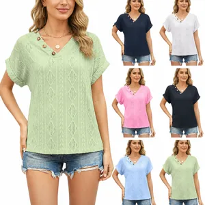 Women's V Neck Jacquard Button Short Sleeve T-Shirt Loose Hollow Out Knit Summer Top Solid Color Casual Streetwear Tee