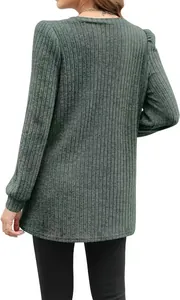 Detailed back view of a casual green ribbed long-sleeve top featuring puff shoulders.